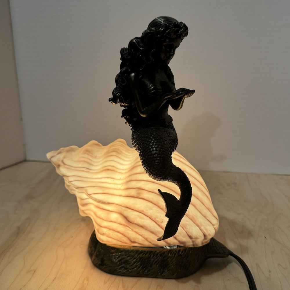 Mermaid Resting on a Glass Seashell Bronze-Finish Art Deco Nightlight Lamp
